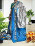 Semi Pochampally Ikkat Silk Silver White Blue Sari - pochampallysarees.com