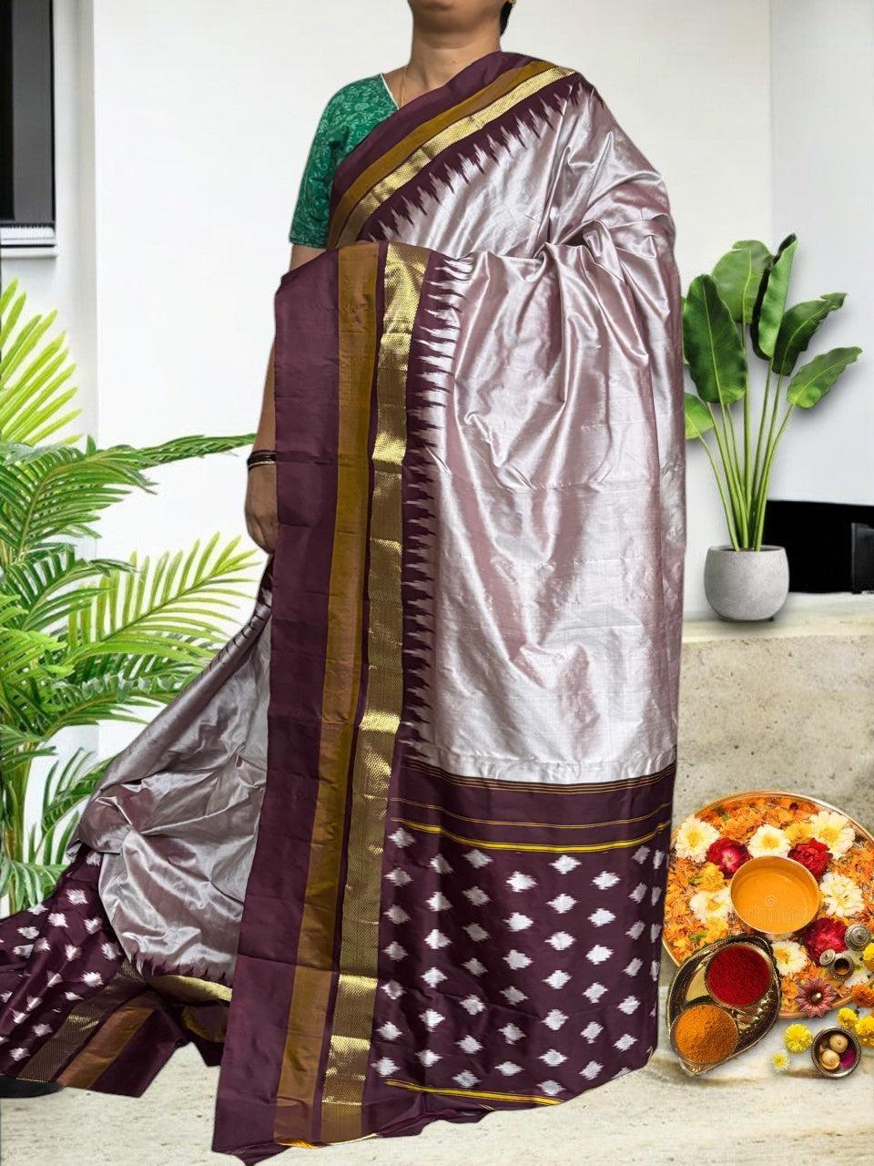 Semi Pochampally Ikkat Silk Silver White Chocolate - pochampallysarees.com