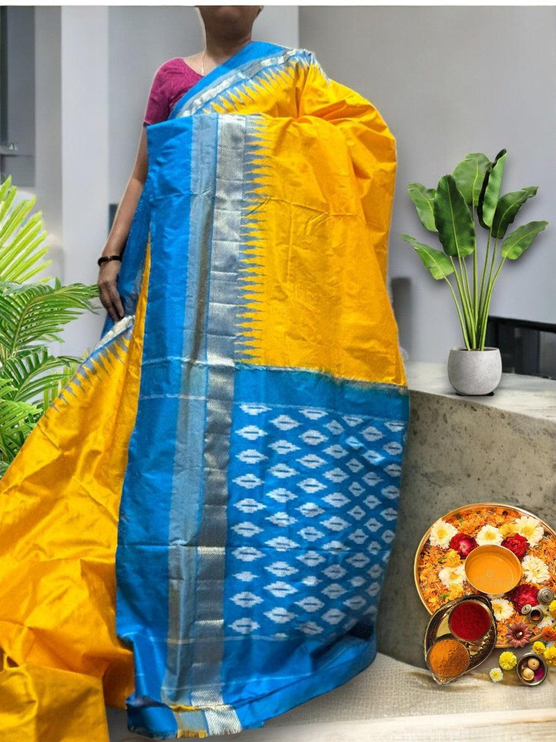 Semi Pochampally Ikkat Silk Yellow Ananda Blue - pochampallysarees.com