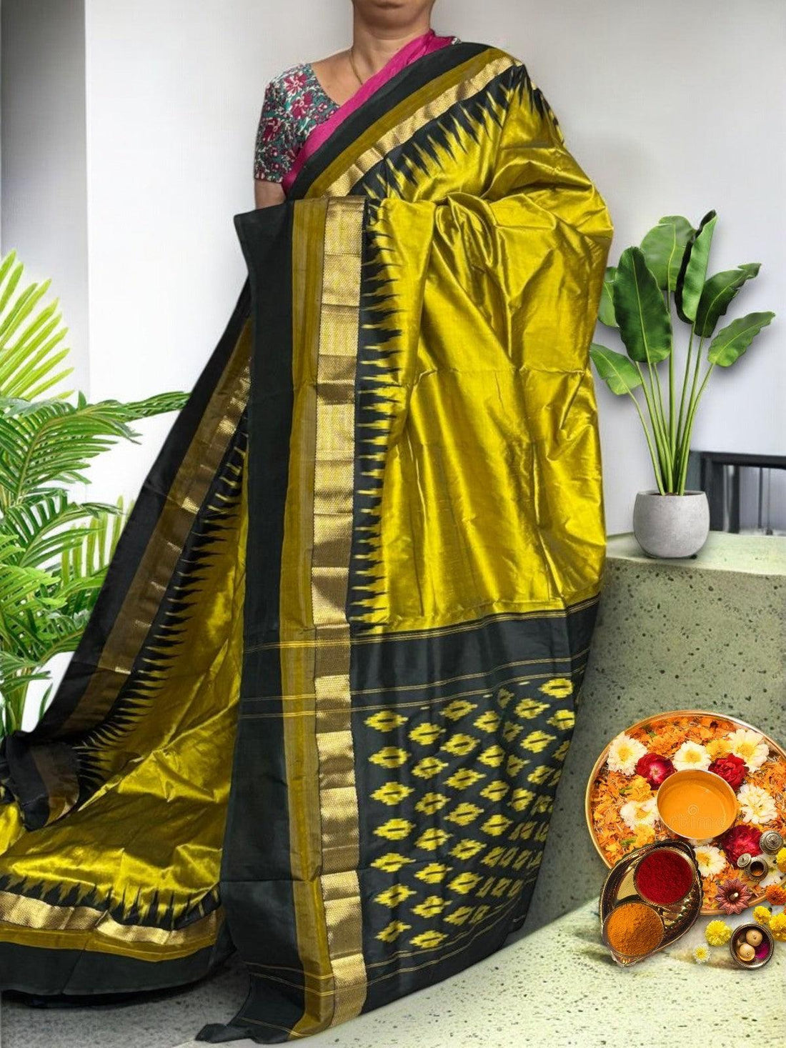Semi Pochampally Ikkat Silk Yellow Black Sari - pochampallysarees.com