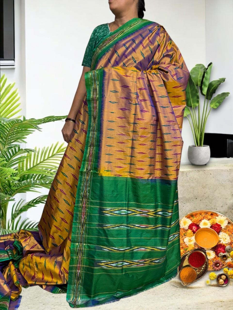 Semi Pochampally Ikkat Silk Yellow brown Green Sari - pochampallysarees.com