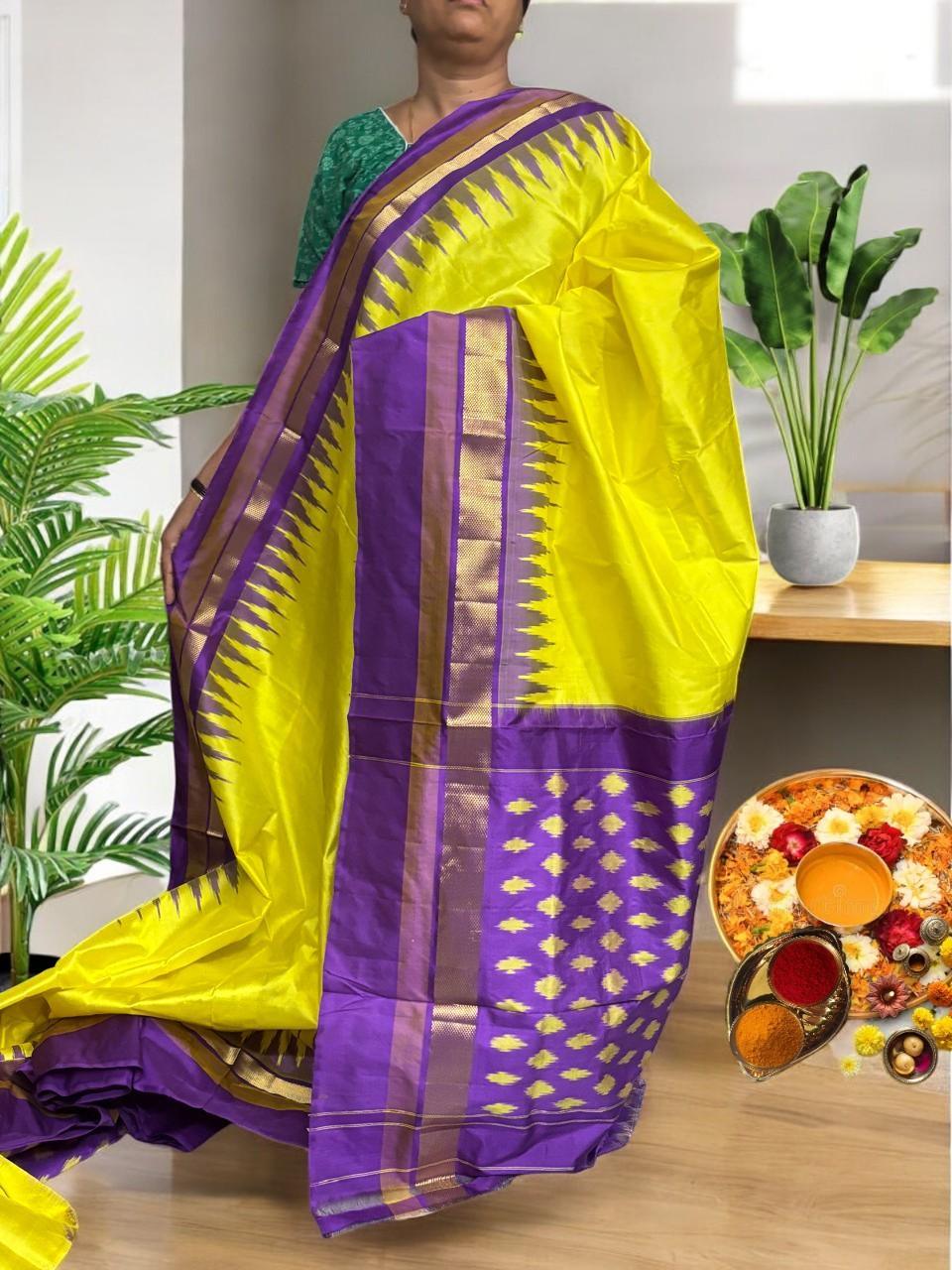 Semi Pochampally Ikkat Silk Yellow Lavender Sari - pochampallysarees.com