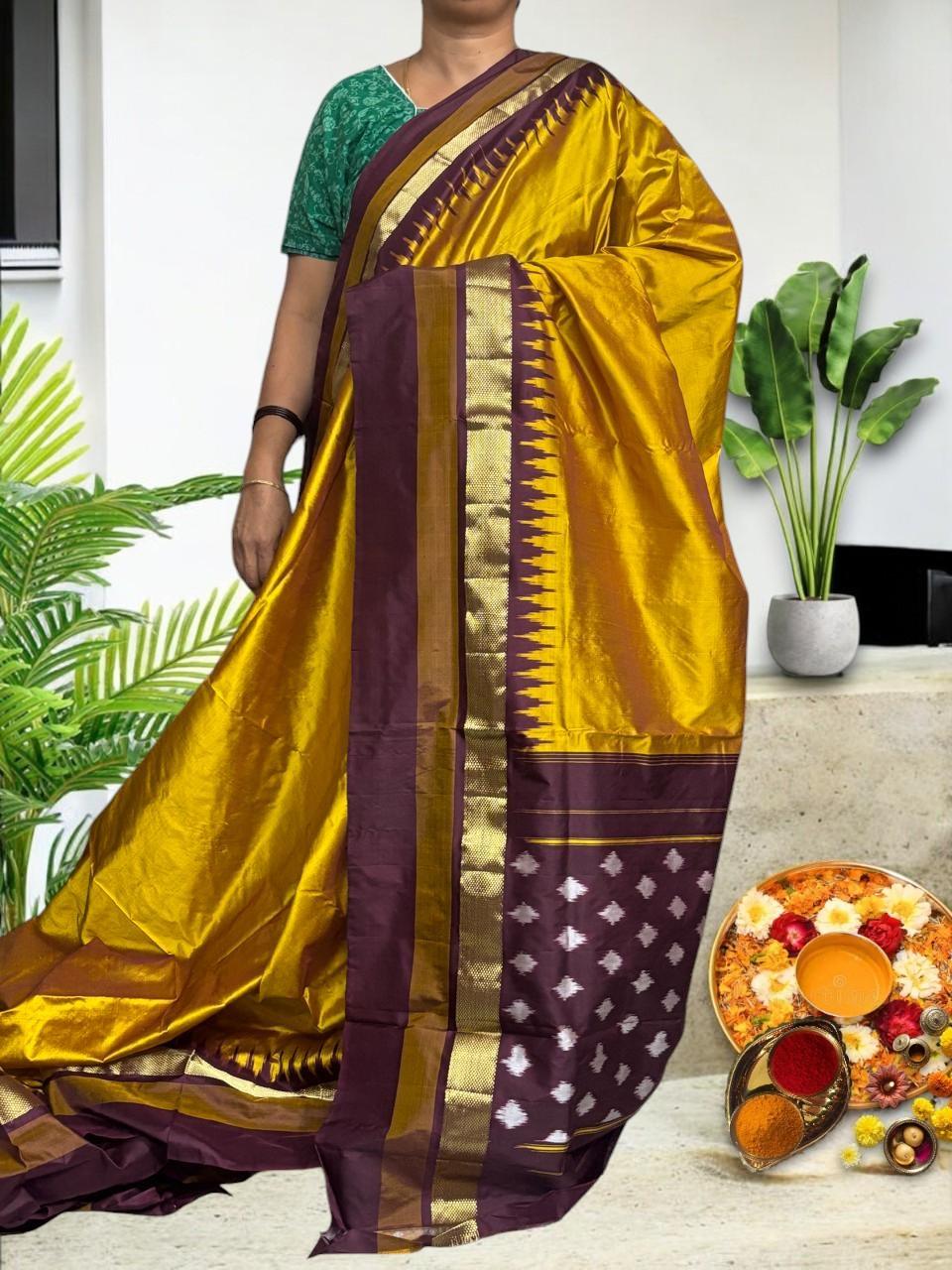 Semi Pochampally Ikkat Silk Yellow Maroon Sari - pochampallysarees.com