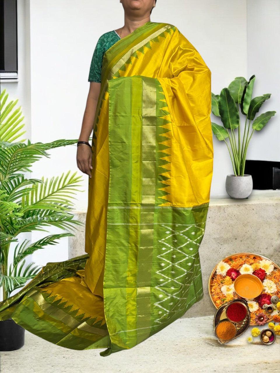 Semi Pochampally Ikkat Silk Yellow Olive Green Sari - pochampallysarees.com
