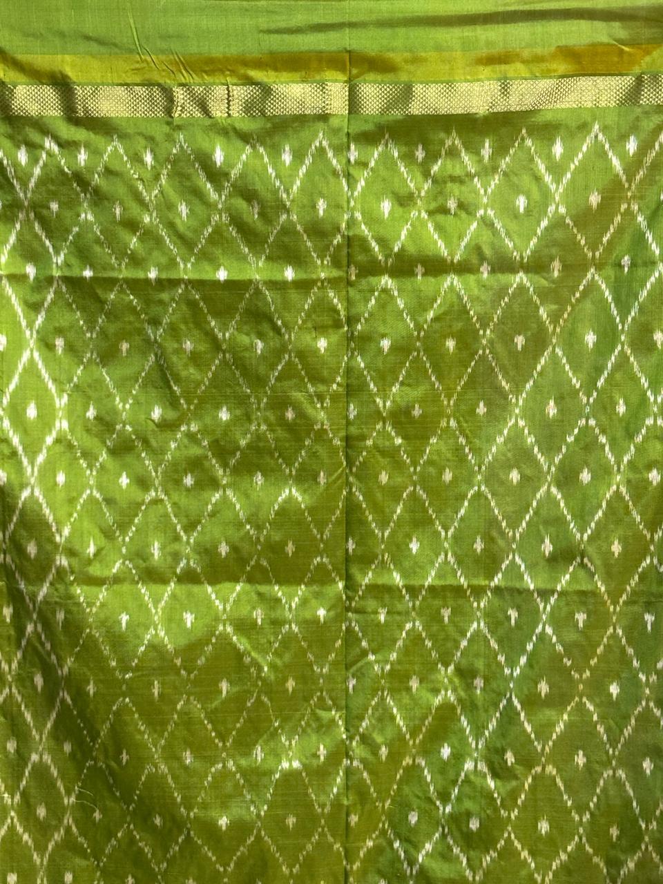 Semi Pochampally Ikkat Silk Yellow Olive Green Sari - pochampallysarees.com
