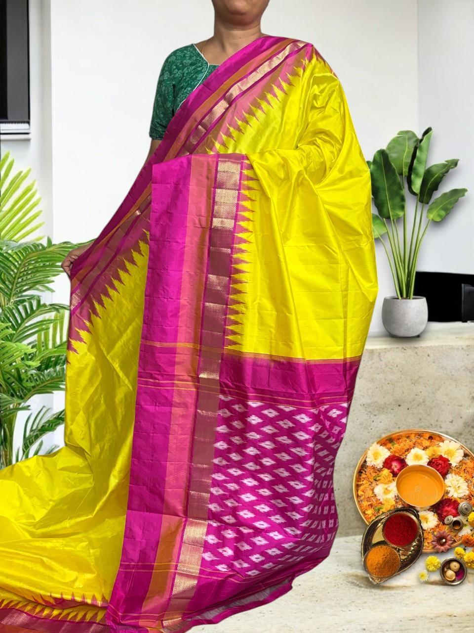 Semi Pochampally Ikkat Silk Yellow Pink Sari - pochampallysarees.com