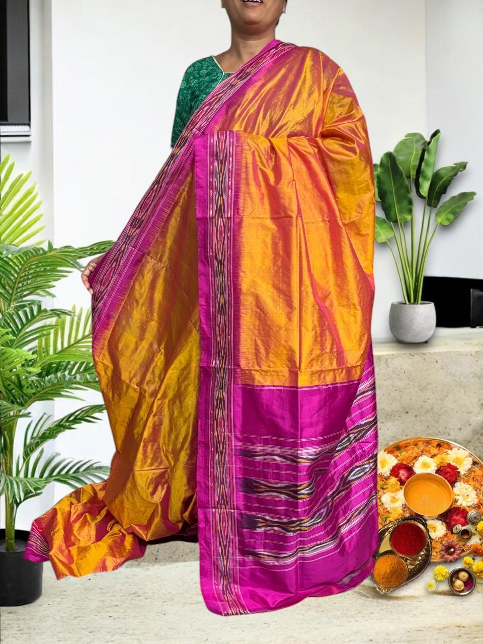 Semi Pochampally Ikkat Silk Yellow plain Pink Sari - pochampallysarees.com