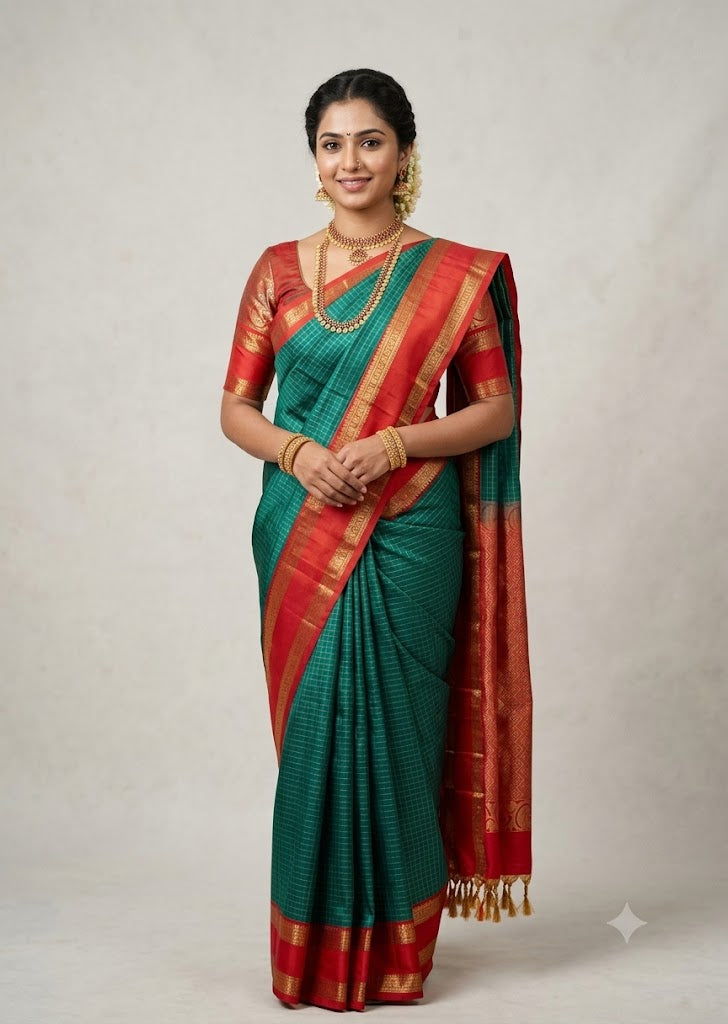 Model wearing a Silk Mark certified peacock green Kanchipuram pure silk saree with a traditional red zari border and rich pallu