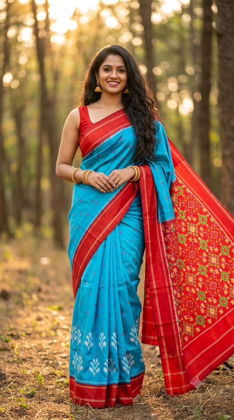 Smiling Indian woman outdoors draped in a sky blue ikat silk saree paired with an intricate red and yellow patterned pallu