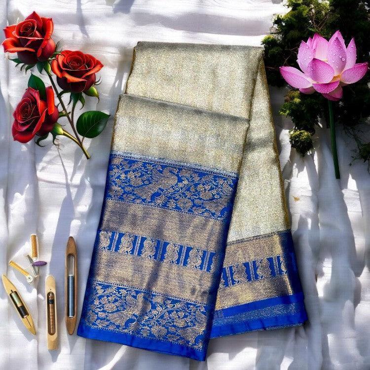 SOFT PATTU KANCHI BORDER BLUE MIDDLE GRAY - pochampallysarees.com