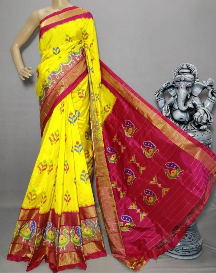 &quot;Sunshine Mosaics: Exploring the Elegance of Yellow and Pink Ikkat Silk Sarees&quot; - pochampallysarees.com