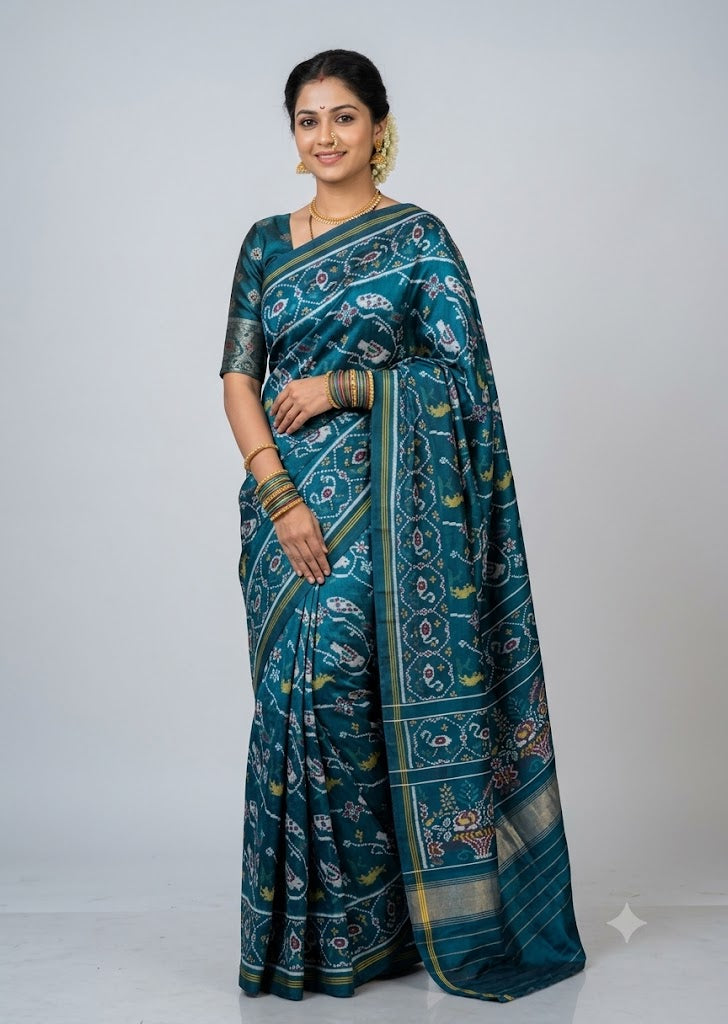 Woman wearing a teal blue Patola silk saree with golden jewelry and traditional bird motifs - front view
