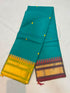 Handloom teal green pure Kanchi cotton saree with yellow floral buttas and Ganga Jamuna temple borders in yellow and wine maroon with gold zari