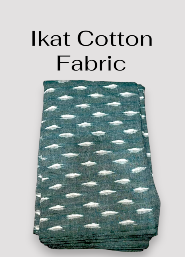 Handloom teal green Pochampally ikat cotton fabric featuring woven off-white geometric dash motifs