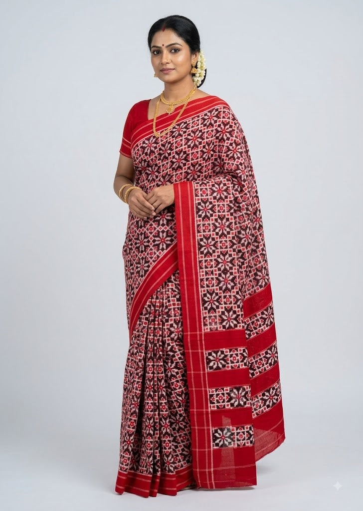 Indian woman posing in a traditional deep crimson red and black Telia Rumal double ikkat handloom cotton saree against a grey studio backdrop.