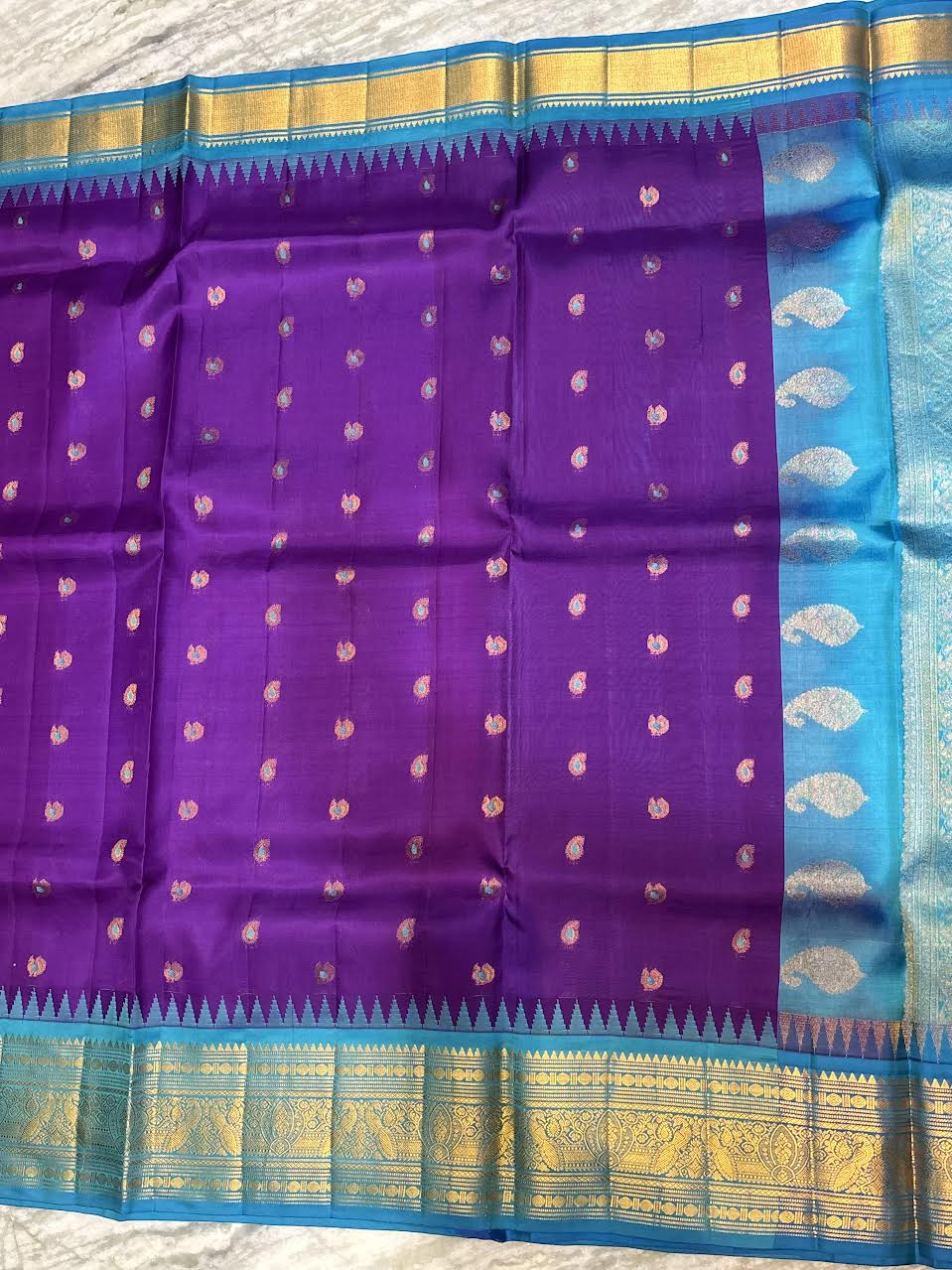 Pure Gadwal Silk Saree in Royal Purple &amp; Turquoise Blue with Rich Gold Zari Border | Wedding Collection - pochampallysarees.com