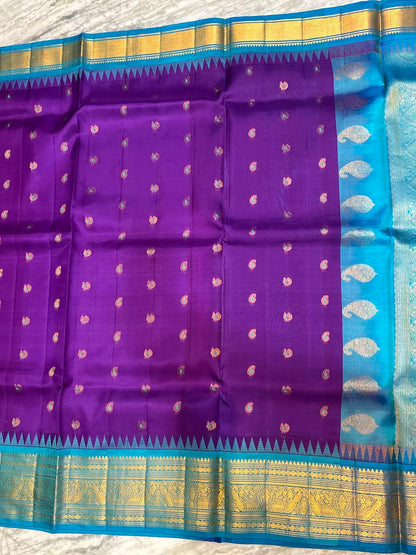 Pure Gadwal Silk Saree in Royal Purple &amp; Turquoise Blue with Rich Gold Zari Border | Wedding Collection - pochampallysarees.com