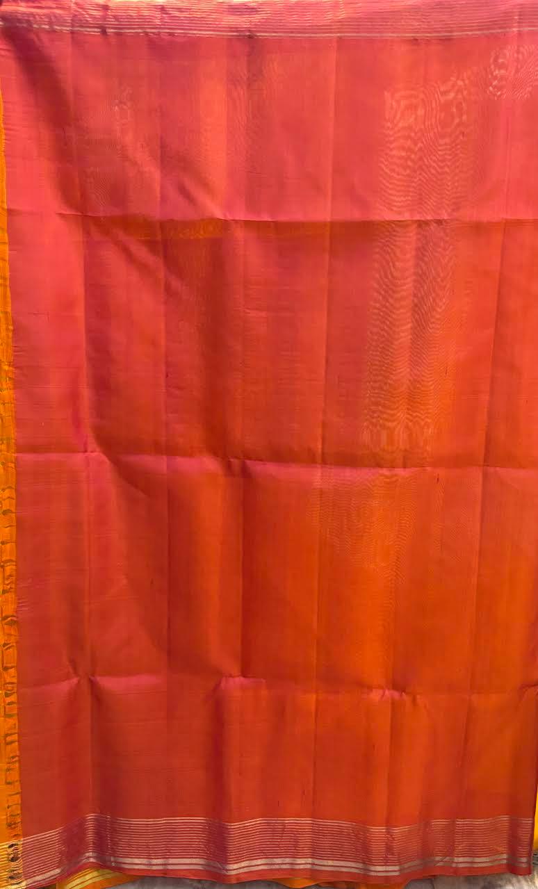 Elegant Kanchi Soft Silk Saree in Mustard Yellow with Contrast Coral-Pink Border