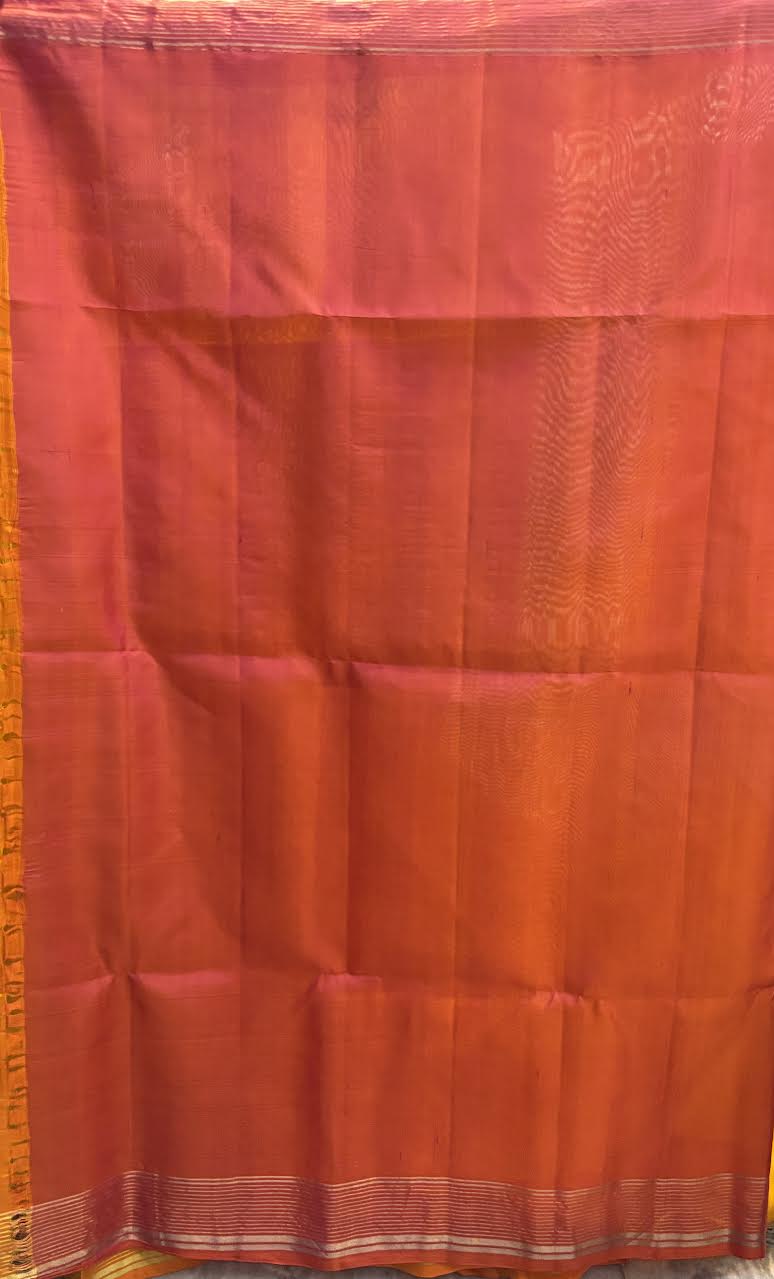 Elegant Kanchi Soft Silk Saree in Mustard Yellow with Contrast Coral-Pink Border