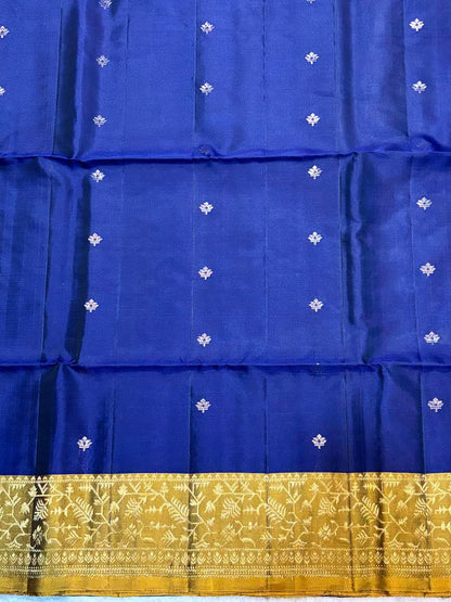Royal Blue &amp; Mustard Gold Kanchi Pattu Soft Silk Saree (Silk Mark Certified)