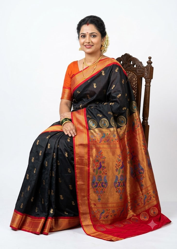A graceful Indian woman seated on a carved wooden chair wearing a traditional black silk saree with a red and gold zari border, an ornate peacock pallu, and an orange blouse, against a white studio backdrop.