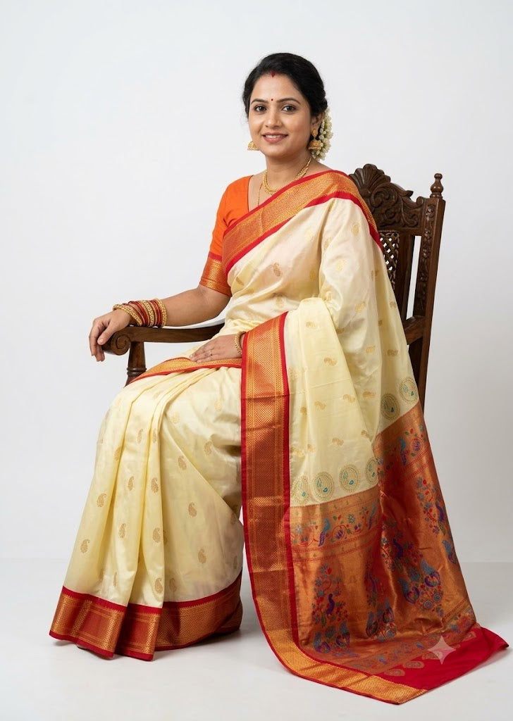 A beautiful traditional Indian woman seated on a carved wooden chair wearing a cream silk saree with a red and gold zari border, an ornate peacock pallu, and an orange blouse, against a white studio backdrop.