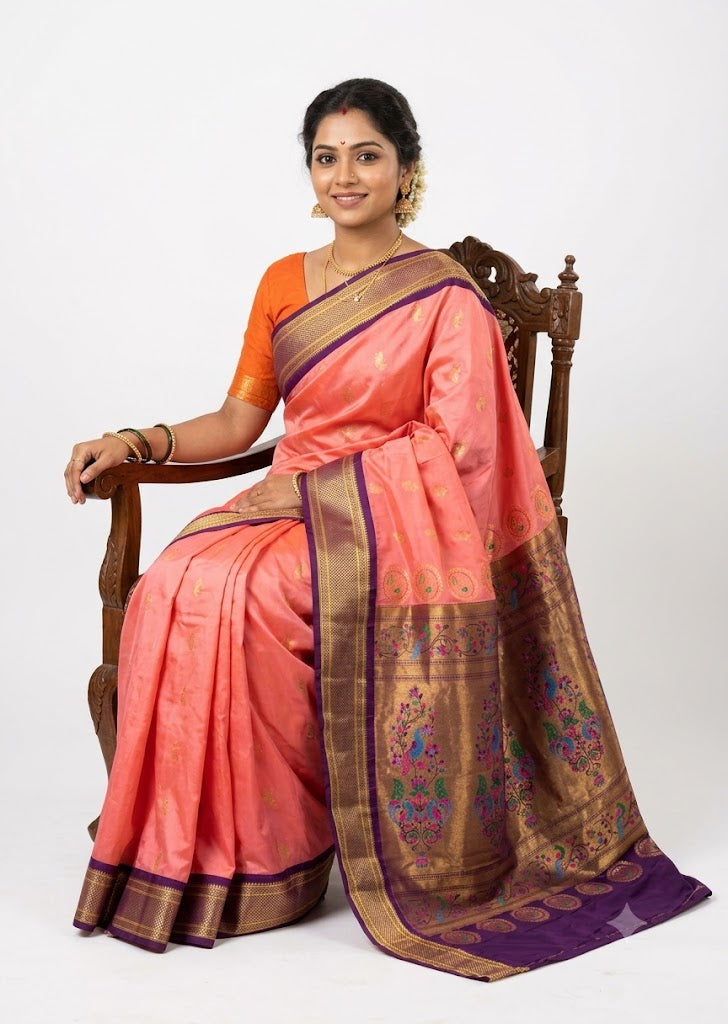 A graceful Indian woman seated on an ornate wooden chair wearing a traditional peach-pink silk saree with a deep purple and gold zari border, an intricate peacock-patterned pallu, and a contrasting orange blouse, set against a plain white backdrop.