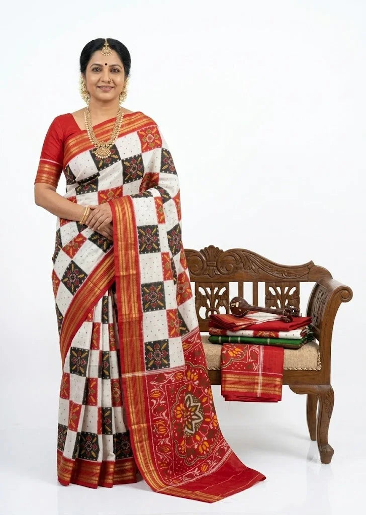 Traditional handwoven pure silk Patola Ikkat saree featuring a white, black, and red checkered body with an intricate red floral mandala pallu, worn by a standing Indian model against a white background.