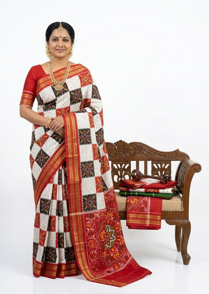 Traditional handwoven pure silk Patola Ikkat saree featuring a white, black, and red checkered body with an intricate red floral mandala pallu, worn by a standing Indian model against a white background.