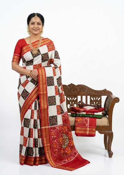 Traditional handwoven pure silk Patola Ikkat saree featuring a white, black, and red checkered body with an intricate red floral mandala pallu, worn by a standing Indian model against a white background.