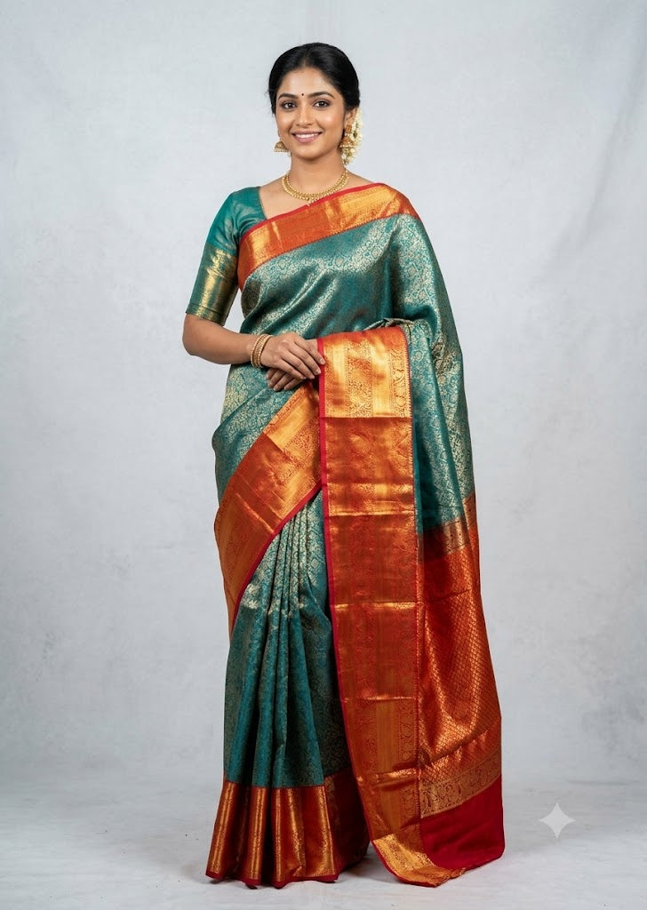 An Indian woman in a traditional pose wearing a beautiful teal-green and orange semi-Dharmavaram silk saree with intricate gold zari work, standing against a light grey studio background.