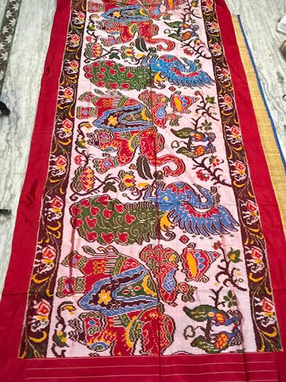 Handcrafted Ikkat Patola Silk Masterpiece Saree with Kalamkari Motif Body &amp; Traditional Pallu