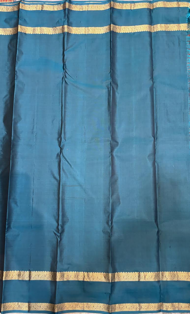 Authentic Kanchi Silk Saree in Deep Rust Red &amp; Peacock Blue Border