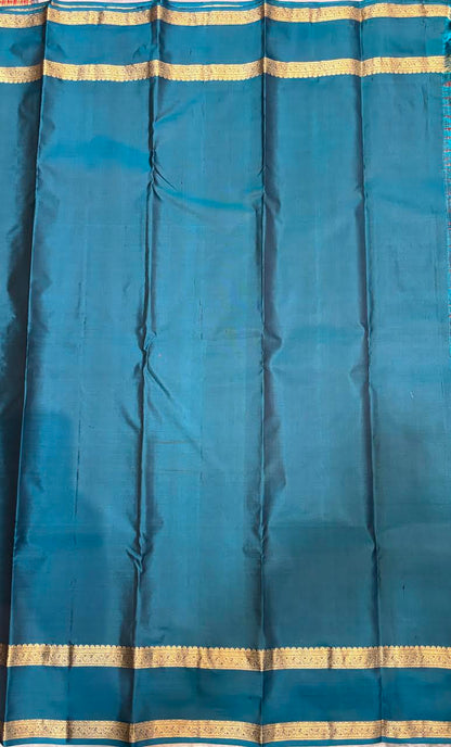 Authentic Kanchi Silk Saree in Deep Rust Red &amp; Peacock Blue Border