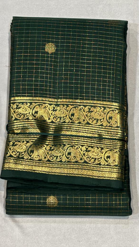 Dark Green Checkered Pure Kanchipuram Pattu Saree with Price Rich Gold Zari | Bridal Silk
