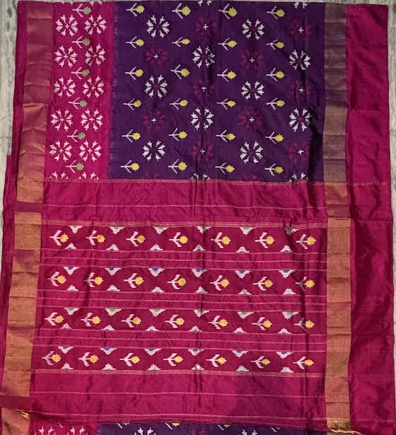 Regal Deep Purple &amp; Pink Ikat Silk Saree with Rich Gold Zari