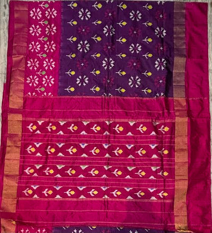 Regal Deep Purple &amp; Pink Ikat Silk Saree with Rich Gold Zari