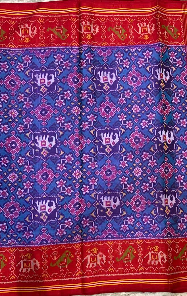 Authentic Blue &amp; Red Pure Real Patola Silk Saree with Traditional Motifs