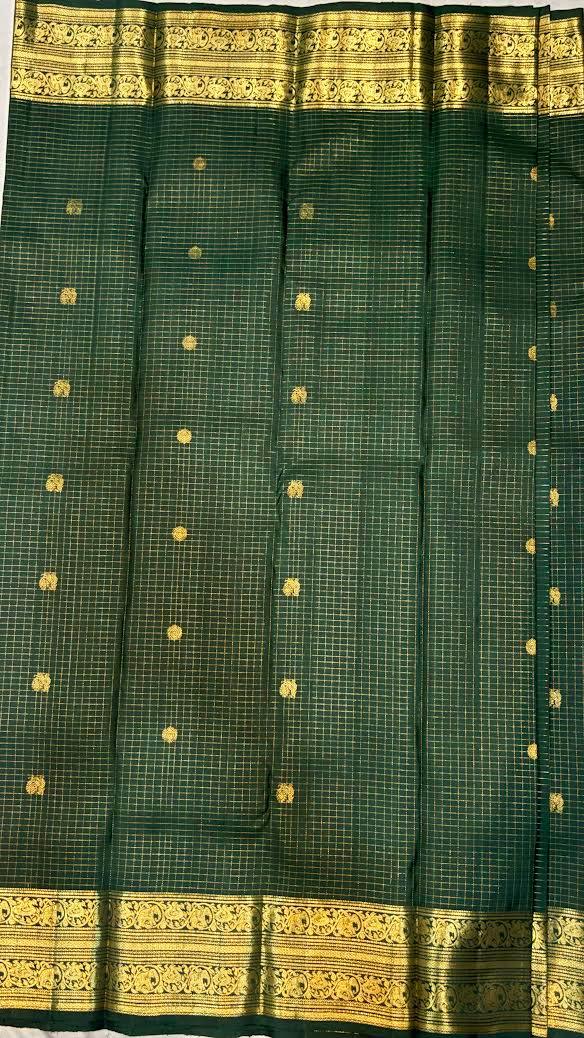 Dark Green Checkered Pure Kanchipuram Pattu Saree with Price Rich Gold Zari | Bridal Silk - pochampallysarees.com