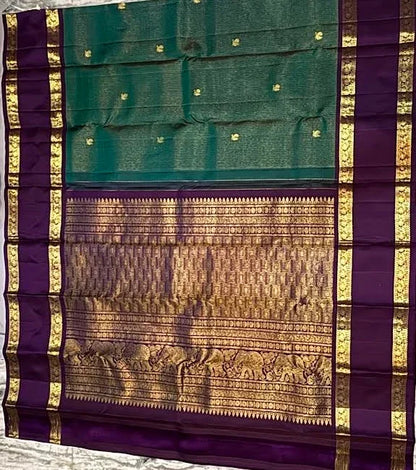 Teal Green and Purple Pure Kanchipuram Pattu Saree with Price Elephant Zari Pallu | Bridal Silk - pochampallysarees.com