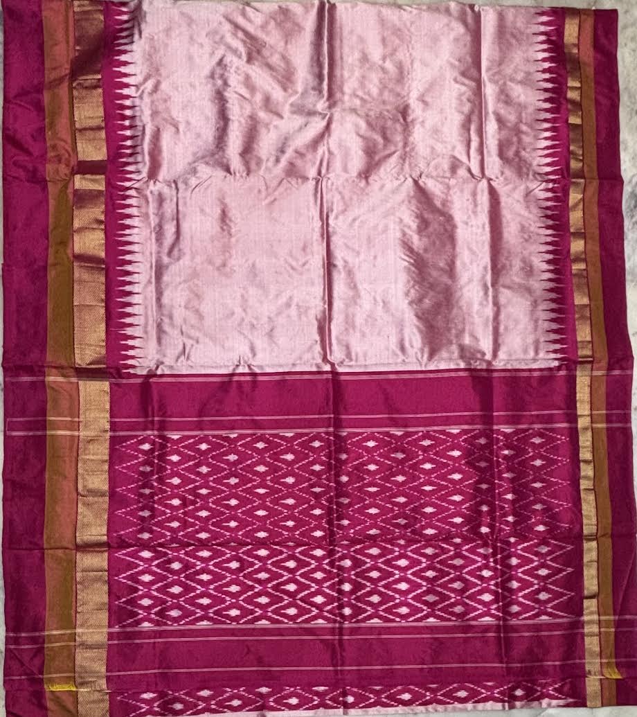 Elegant Light Pink &amp; Magenta Ikat Silk Saree with Temple Border