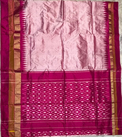 Elegant Light Pink &amp; Magenta Ikat Silk Saree with Temple Border