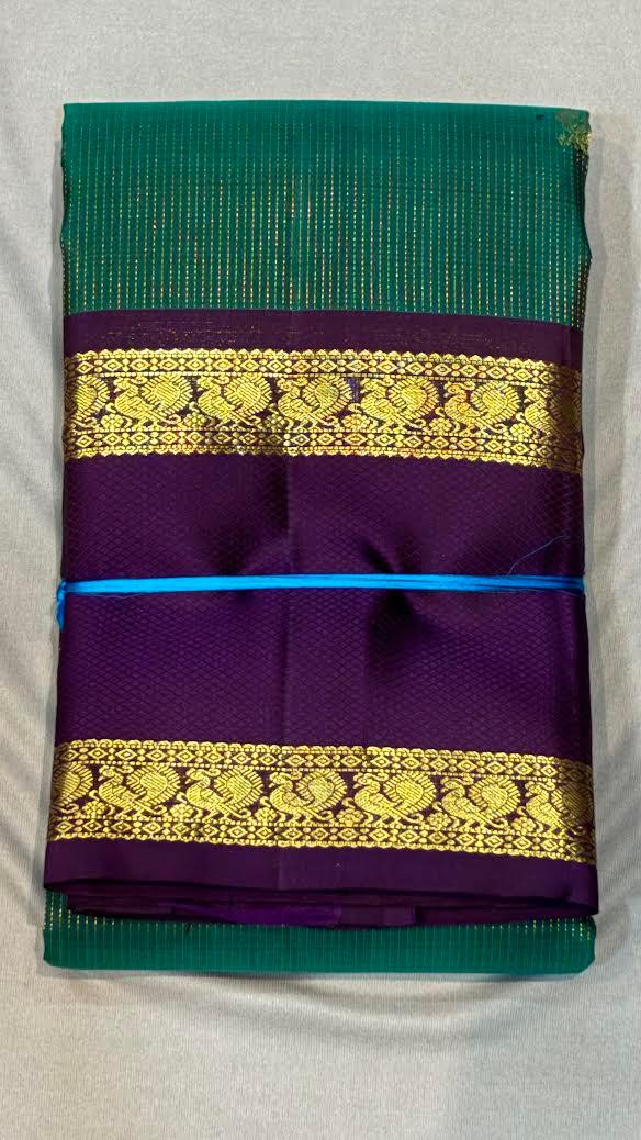 Teal Green and Purple Pure Kanchipuram Pattu Saree with Price Elephant Zari Pallu | Bridal Silk - pochampallysarees.com
