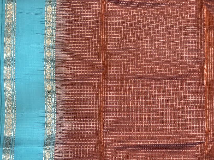 Rust Brown and Turquoise Zari Woven Silk Saree With Silk Mark
