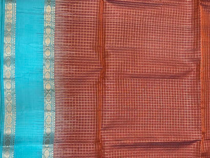 Rust Brown and Turquoise Zari Woven Silk Saree With Silk Mark