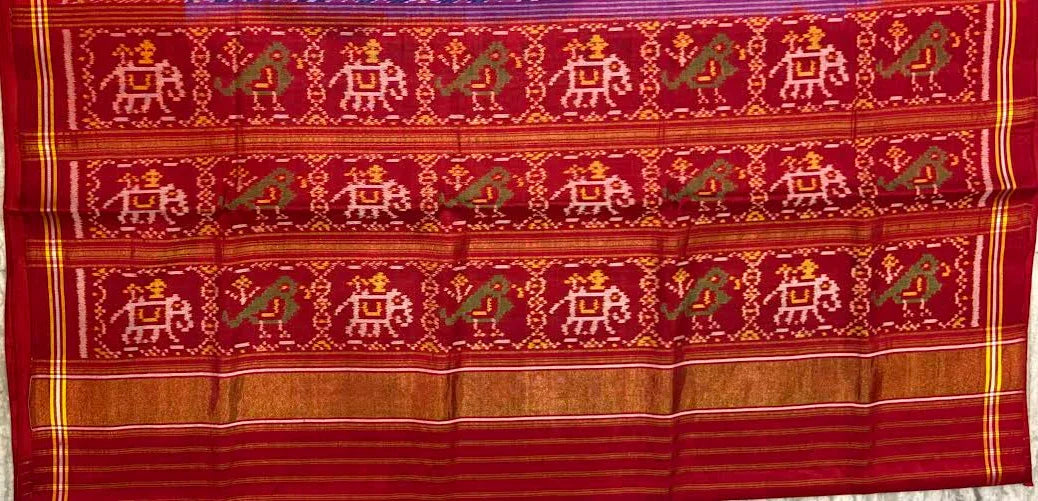 Authentic Blue &amp; Red Pure Real Patola Silk Saree with Traditional Motifs