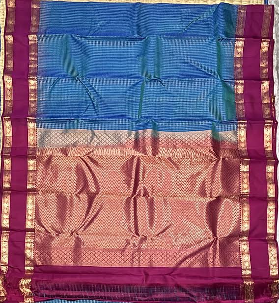 Authentic Peacock Blue &amp; Magenta Kanchipuram Pure Silk Saree