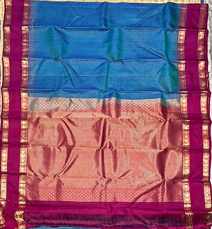 Authentic Peacock Blue &amp; Magenta Kanchipuram Pure Silk Saree