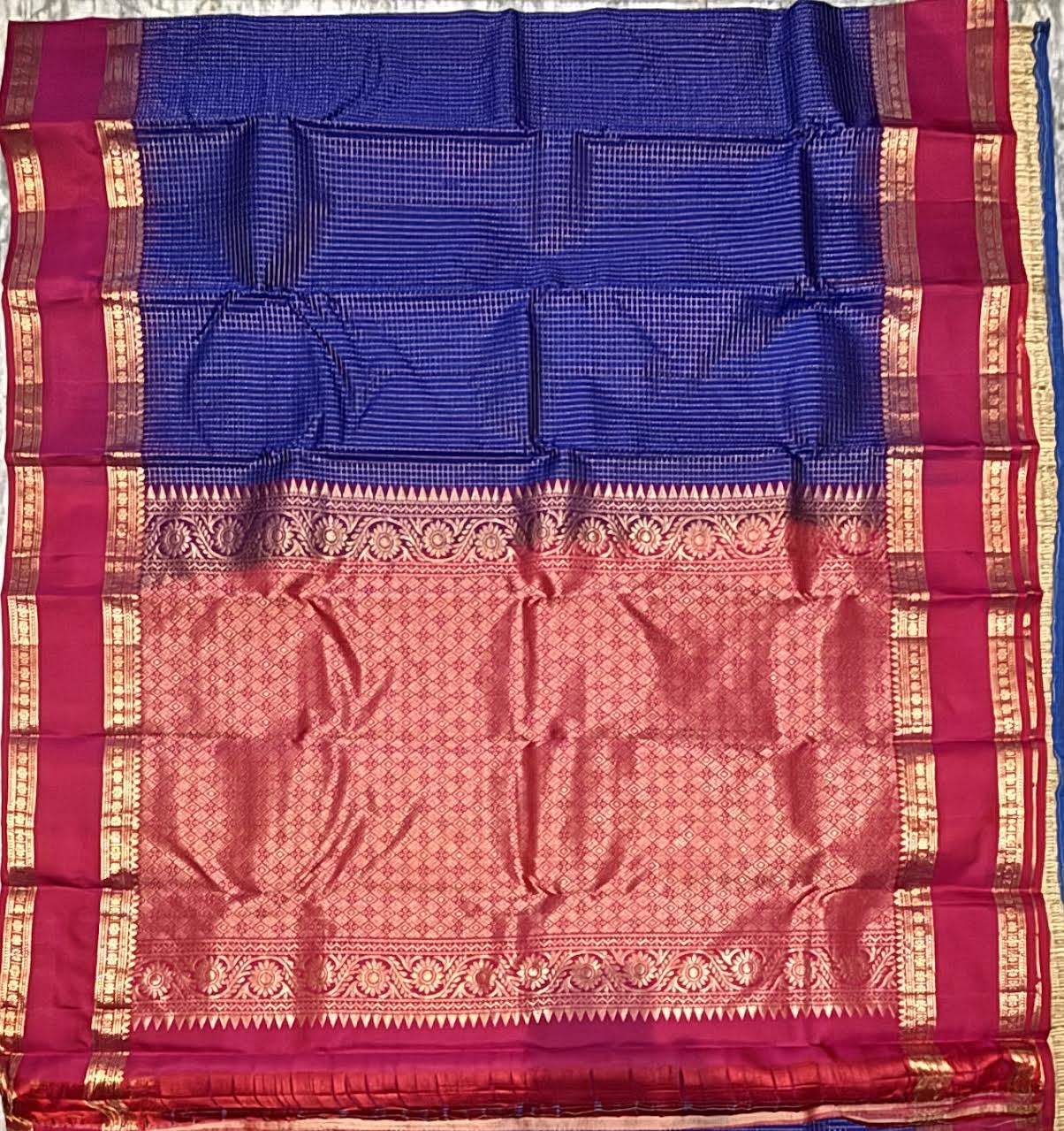 Blue Kanchi Silk Saree with Red zari Checks Pallu &amp; Blouse
