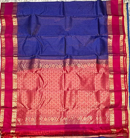 Blue Kanchi Silk Saree with Red zari Checks Pallu &amp; Blouse